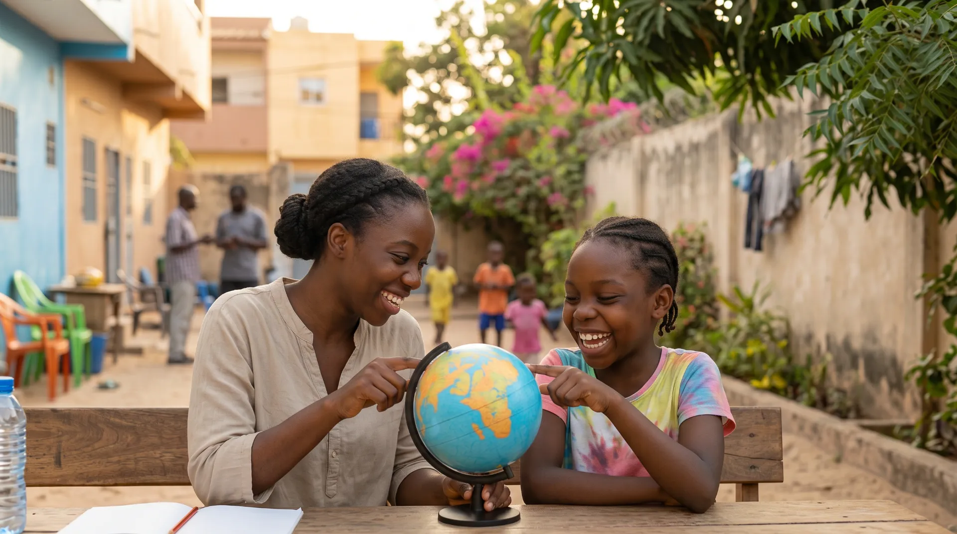 Une animatrice d'EDEN et une élève rient en montrant l'Afrique sur un globe, dans une cour de Guédiawaye